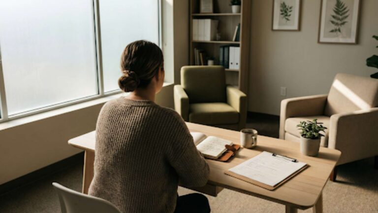 Person sits with back to camera at a wooden desk, writing in a notebook with a mug nearby in a calm office.