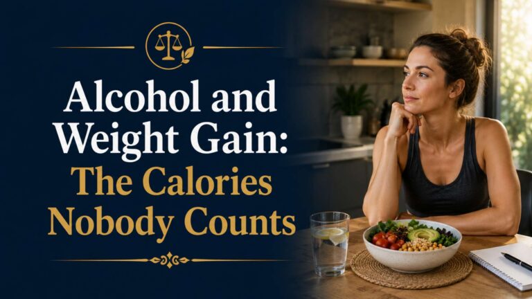 Split image: dark blue left panel with the title 'Alcohol and Weight Gain: The Calories Nobody Counts' in white/gold; right panel shows a woman in a tank top at a table, resting her chin on her hand, with a bowl of salad and a glass of water nearby, thinking.