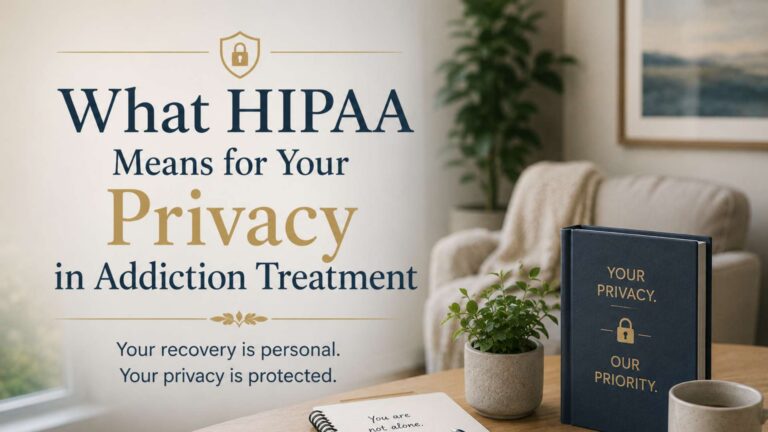 Informational banner about HIPAA privacy in addiction treatment, with a plant, notebook, and privacy booklet on a desk side by side with a sofa in the background.