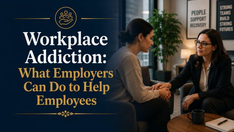 Two women in a corporate office shake hands in a counseling-style conversation, with a large article title about workplace addiction on the left edge.