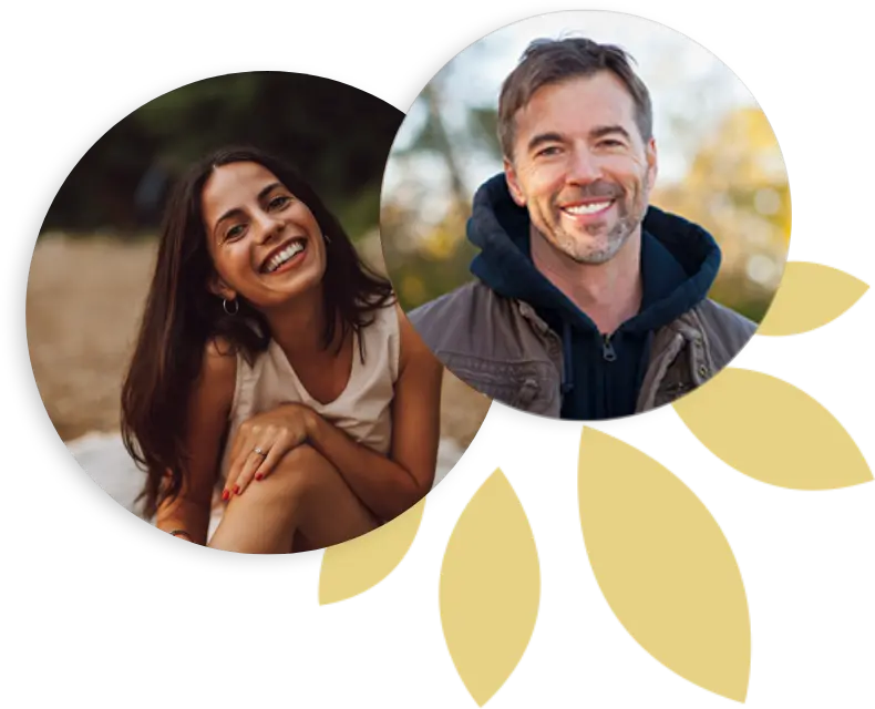 Two smiling people in circular portraits overlapping, with decorative yellow petals on a black background.